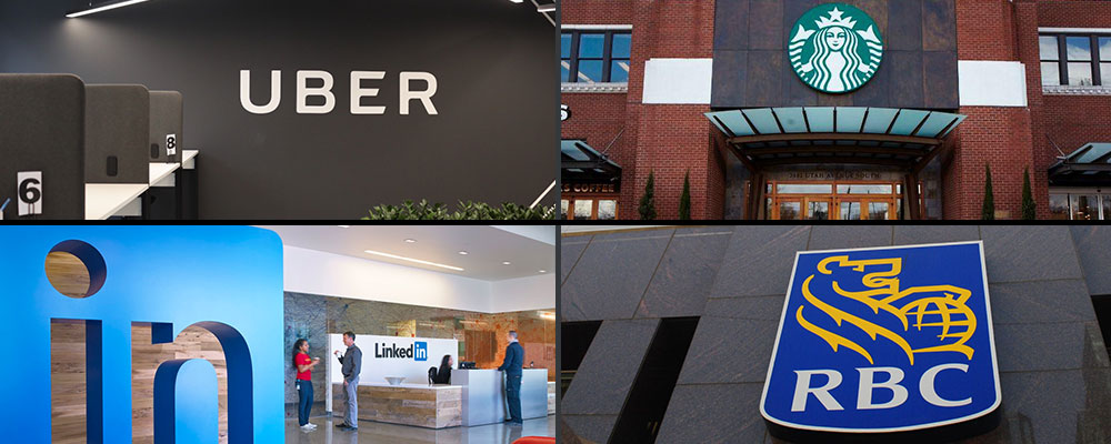 logos for Uber, Starbucks, RBC, and LinkedIn clockwise